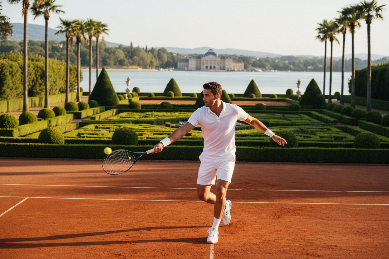Chico jugando tenis en cancha con jardín francés y vista al lago
